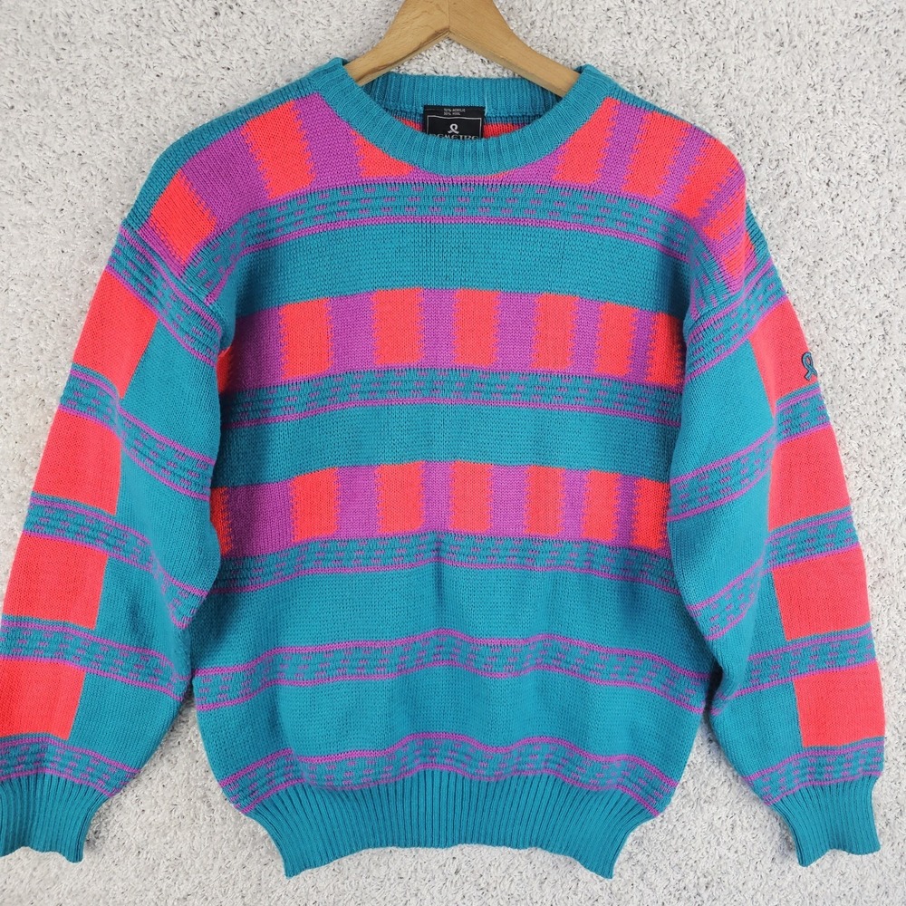 Vintage Demetre Wool Blend Colorblock Sweater Mens Medium Made USA Retro Rad Ski